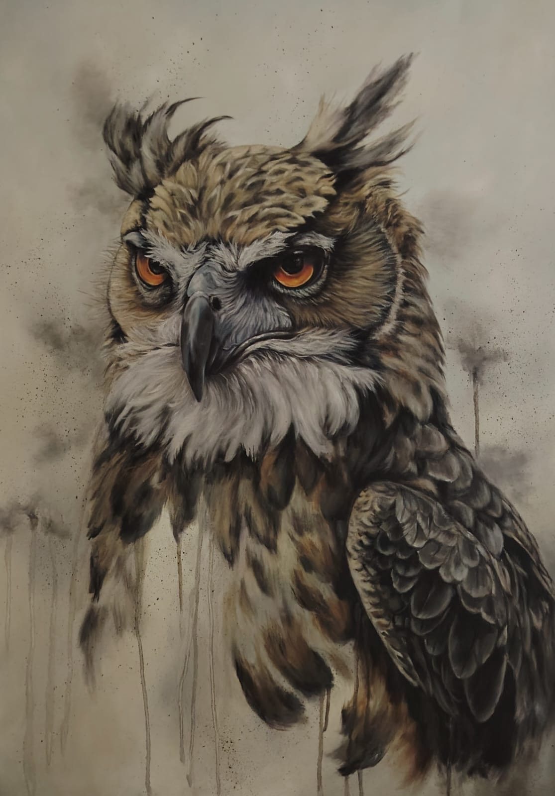 Oil painting depicting Owl portrait by South African artist Des Green.